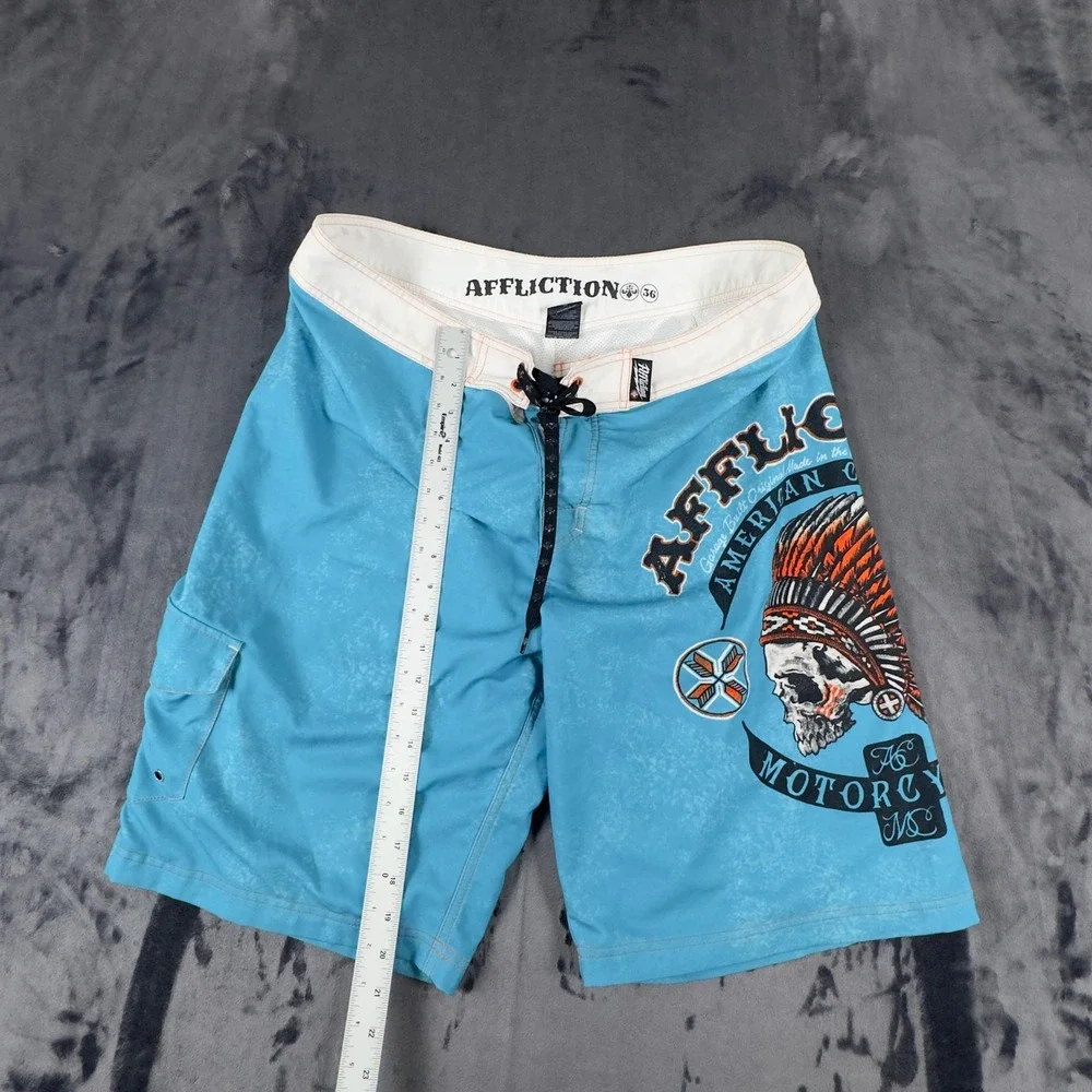 Affliction Board Shorts Mens 36 Blue American Customs Skull Graphic 101BS087
